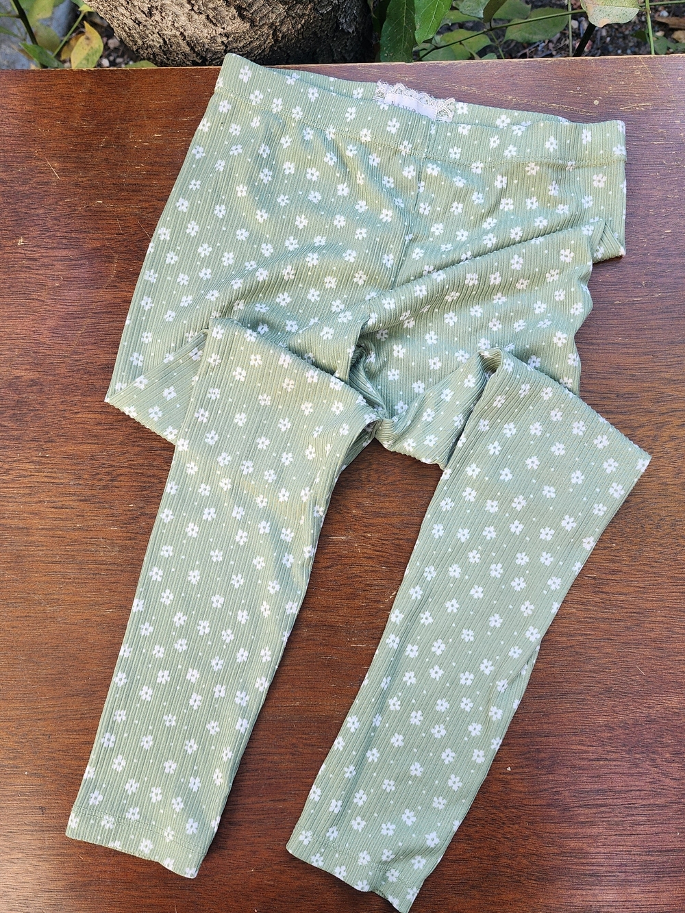 btween Sage Green Ribbed Floral Print Leggings Pants [8]